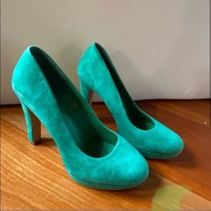 Green suede high heels